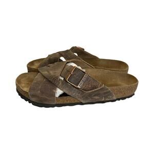 Birkenstock Brown Leather Sandals Women’s 41 US 10 Cross Strap Buckle Slides